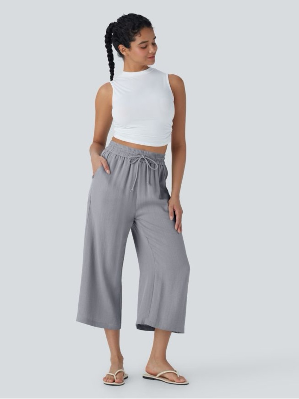 NWT Halara Wide Leg Cropped Pants | Size Medium | Steel Grey | Linen-Like